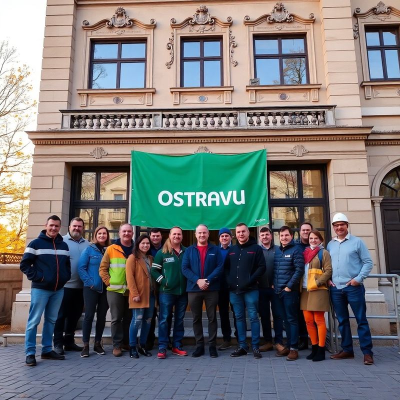 Skupinová fotografie týmu Studio Ostrava před dokončenou budovou