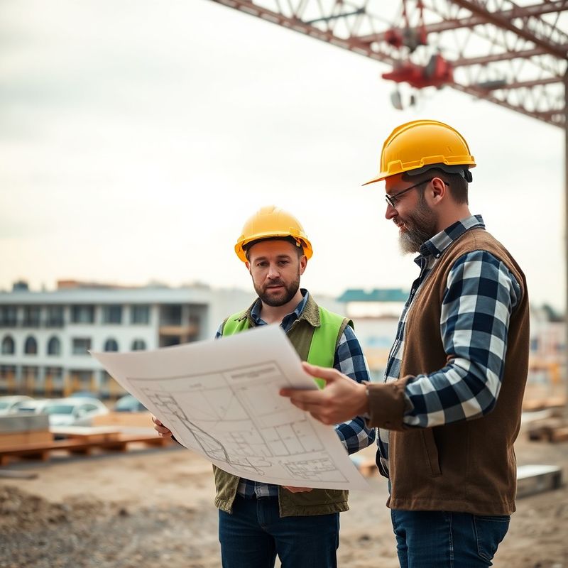 Projektový manažer a klient nad výkresy na komerční stavbě